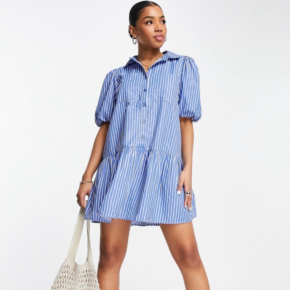 ASOS Influence Blue Striped Mini Shirt Dress with Bubble Sleeves